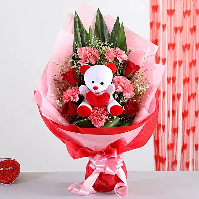 Mix Flower Bunch With Teddy